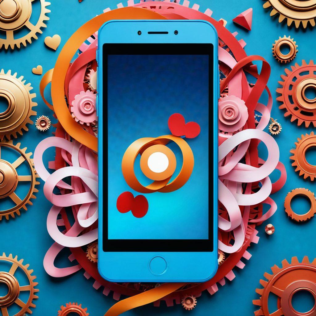 A visually engaging mobile phone surrounded by flowing ribbons of affection, symbolizing love and care, transitioning into gears and mechanical elements representing functionality. The background is a blend of warm and cool tones to represent the harmony of emotions and technology. Include small icons of popular apps floating nearby to enhance the modern mobile experience. super-realistic. vibrant colors. clean background.