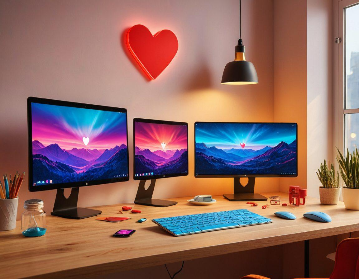 A vivid workspace featuring an array of personalized device launchers displayed on various screens, with heart motifs and glowing icons symbolizing love and customization. The background is a cozy, inviting atmosphere with warm lighting, creating an inspirational vibe. Incorporate elements of technology and creativity seamlessly blended together. vibrant colors. super-realistic.